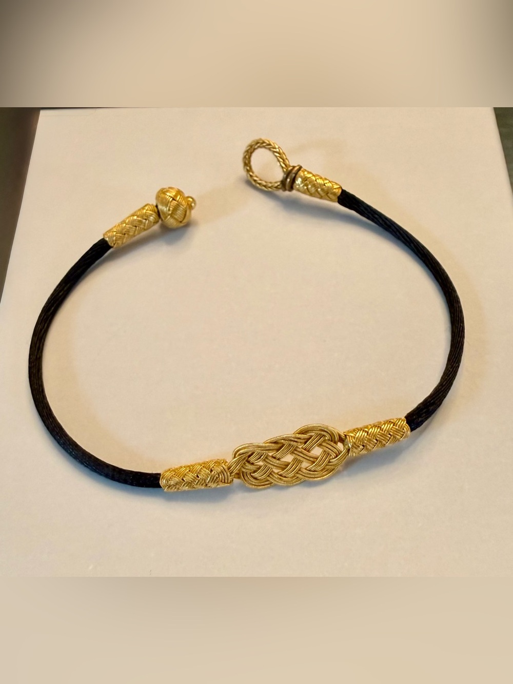 24K Yellow Gold Braided Love Knot Bracelet on Black Cord, Made in Istanbul